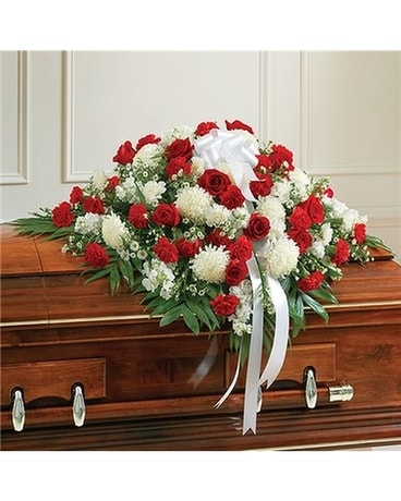 Red and White mixed casket cover Sympathy Arrangement