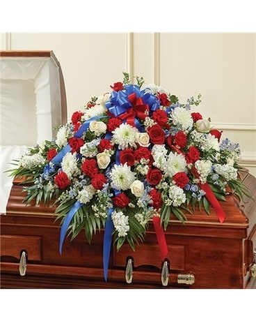 Red, White and Blue casket cover Sympathy Arrangement