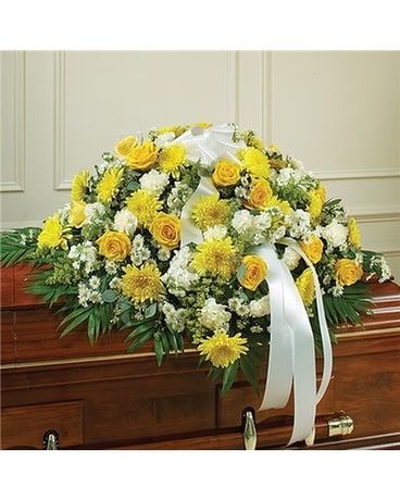 Yellow and White mixed casket cover Sympathy Arrangement