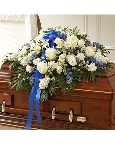 Blue and White mixed casket cover Sympathy Arrangement