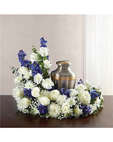 Cremation wreath shades of blue and white Sympathy Arrangement
