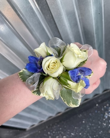 White Rose and Blue Delphinium Prom Corsage Corsage