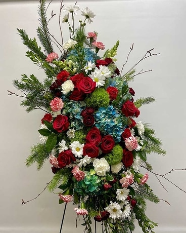 Red and Blue Easel Flower Arrangement