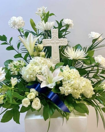 White Cross Sympathy Flower Arrangement