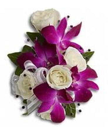 purple and white corsage