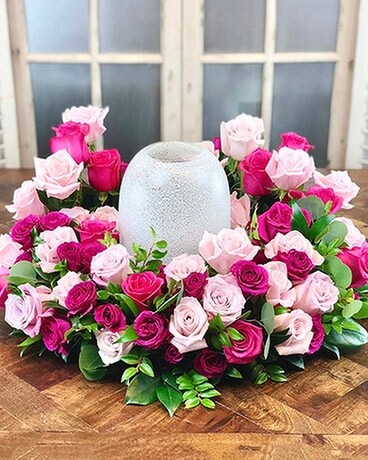 Pink Rose Garden Cremation Wreath Funeral Arrangement