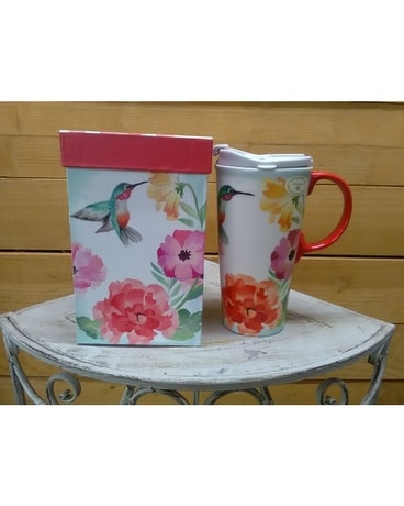 Pastel Flowers with Hummingbird Mug Flower Arrangement