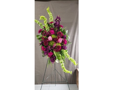 Vibrant Lime and Purple  Easel Spray Funeral Arrangement