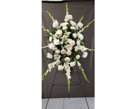 White Starburst Easel Spray Funeral Arrangement