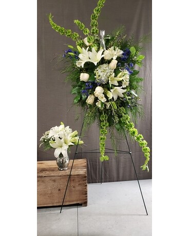 Tall Blue and Green Cross Funeral Grouping Funeral Casket Spray Flowers