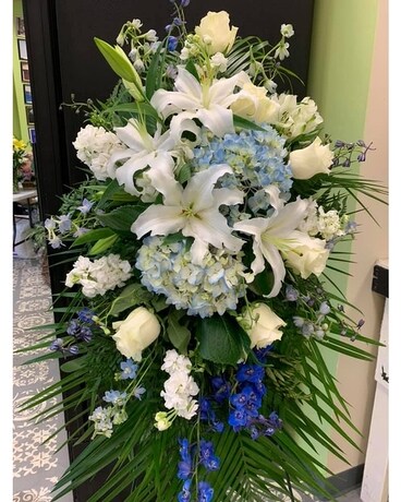 Blue and White Easel Flower Arrangement