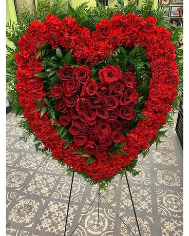 Red Heart Funeral Casket Spray Flowers