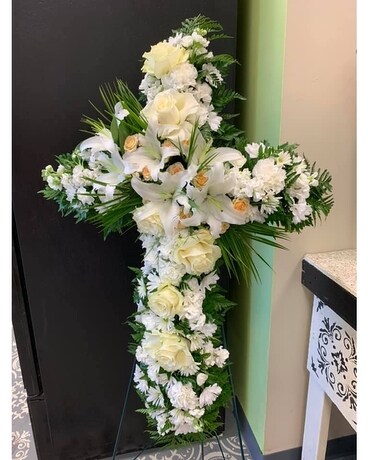 White Cross Easel Funeral Casket Spray Flowers