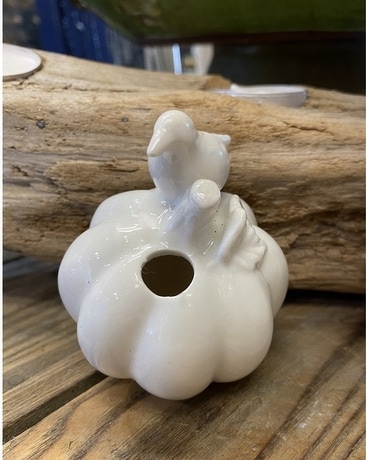 White Budvase with a Bird Flower Arrangement