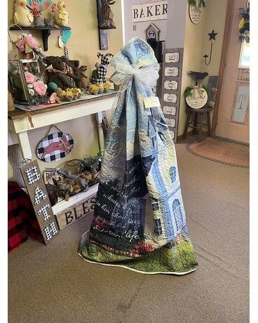 John 3:16 Blanket on Funeral Stand Flower Arrangement