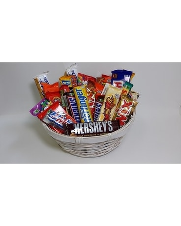 Youngs Own Candy Gift Basket Flower Arrangement