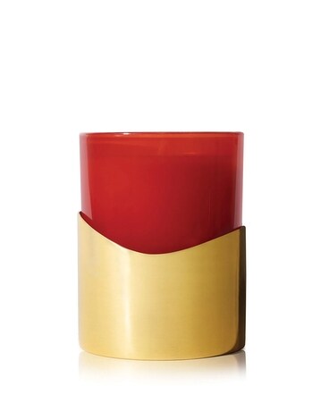 Simmered Cider Harvest Red Poured Candle with Gold Flower Arrangement