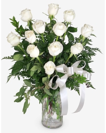 12 White Long Stem Roses Flower Arrangement