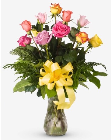 12 Assorted Long Stem Roses Flower Arrangement
