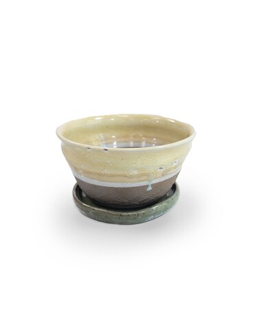Anne Saker Pottery - Beige Bowl Planter Flower Arrangement