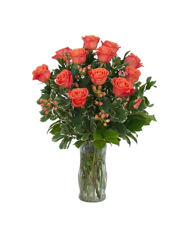 Orange Roses and Berries Vase Flower Arrangement