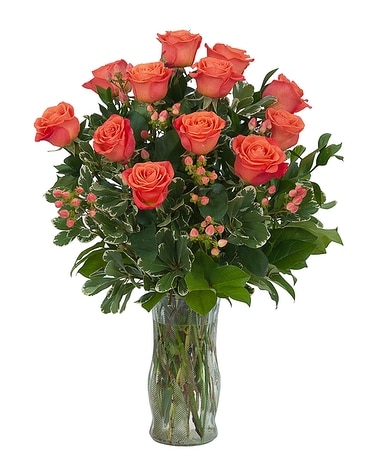 Orange Roses and Berries Vase Flower Arrangement
