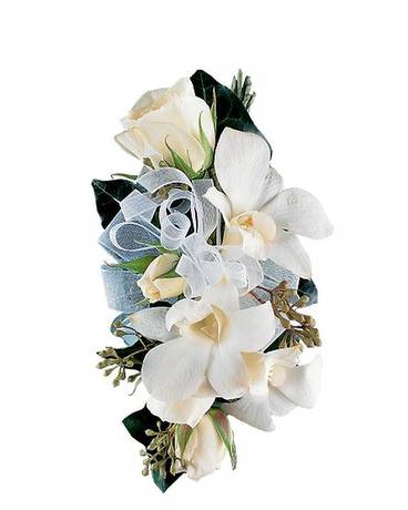 White Rose and Orchid Corsage Flower Arrangement