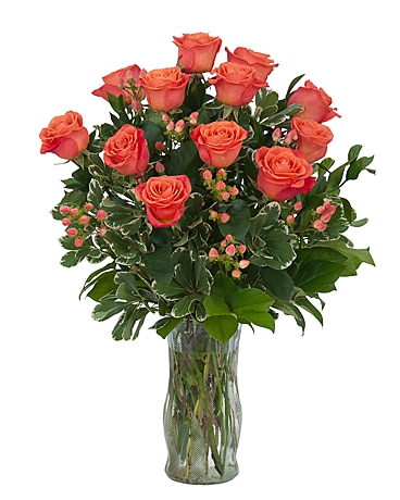 Orange Roses and Berries Vase Flower Arrangement