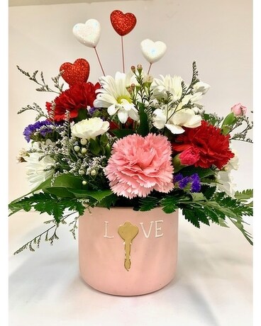 Pink Ceramic with Gold Love Key Emblem Flower Arrangement