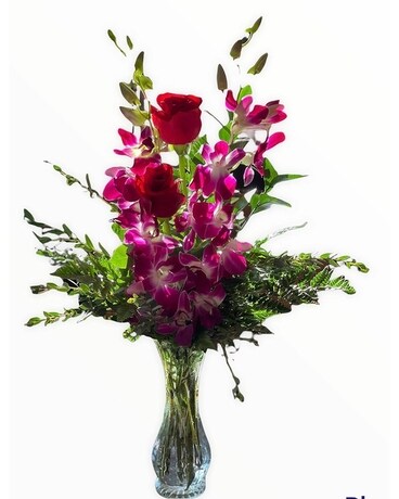Brilliant Orchids and Rose Flower Arrangement