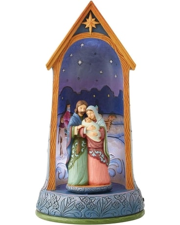 Jim Shore Rotating Holy Family in Stable Lighted Flower Arrangement
