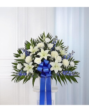 Tribute Blue And White Standing Basket Flower Arrangement