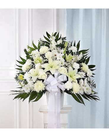 Tribute Standing Basket In White Flower Arrangement