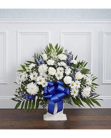Tribute Floor Basket Blue and White Flower Arrangement