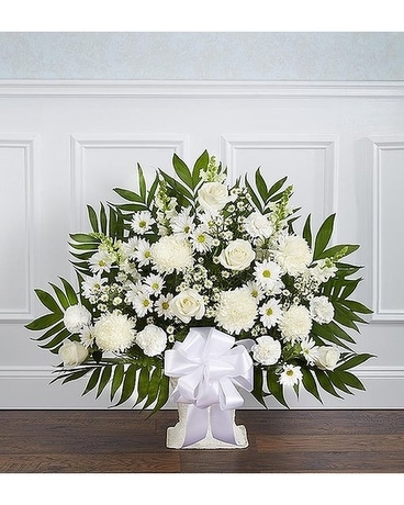 Tribute Floor Basket In White Flower Arrangement