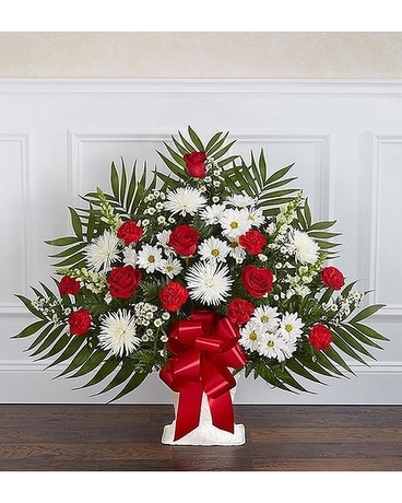 Tribute Floor Basket- Red & White Flower Arrangement