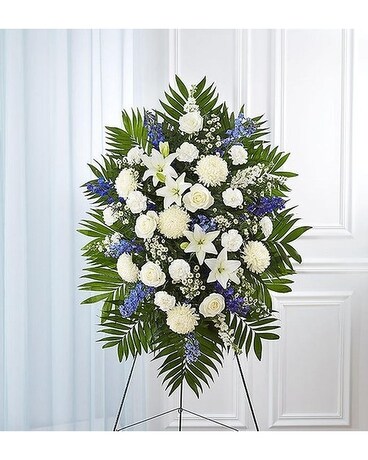 Tribute Blue And White Standing Sympathy Spray Flower Arrangement
