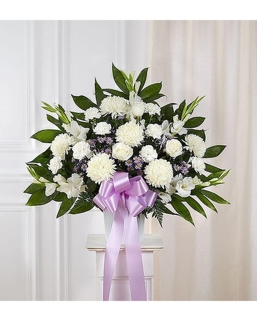 Tribute Standing Basket Lavender And White Flower Arrangement