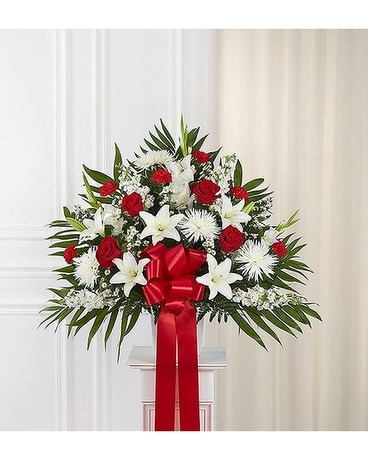 Tribute Standing basket In Red And White Flower Arrangement