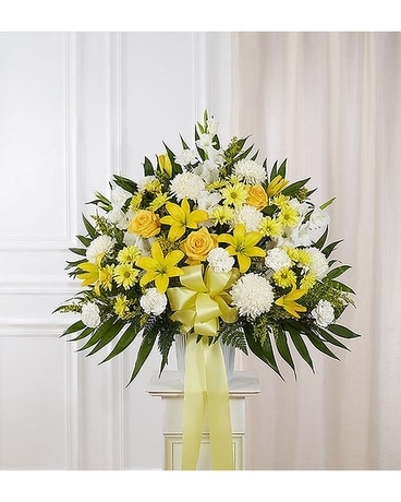 Tribute Yellow And White Standing Basket Flower Arrangement