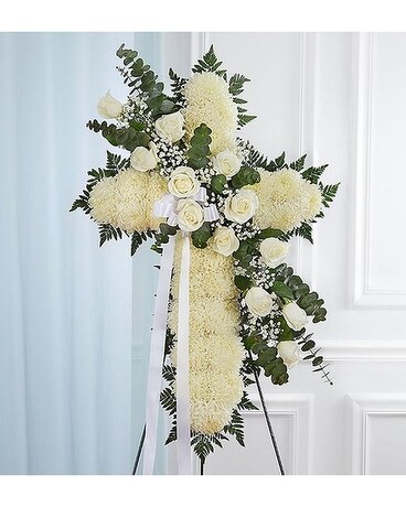 Tribute Standing Cross White Flower Arrangement