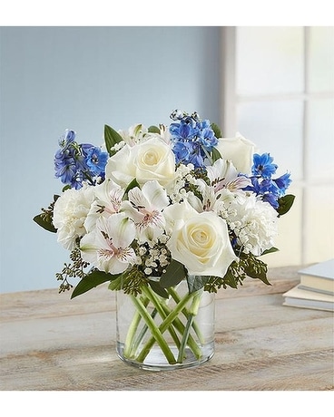 white roses with blue tips bouquet