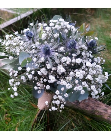 Baby's Breath & Blue Thistle Bouquet Wedding Arrangement