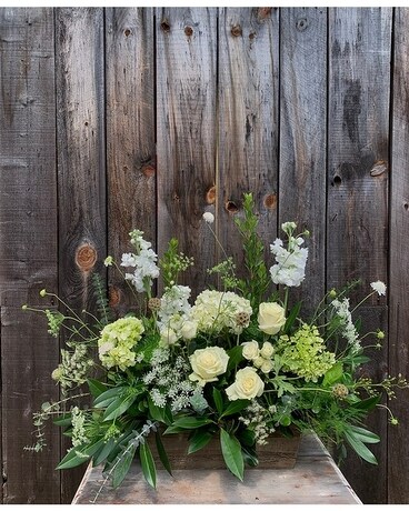 White and Green Sympathy Arrangement in Wooden Box Flower Arrangement