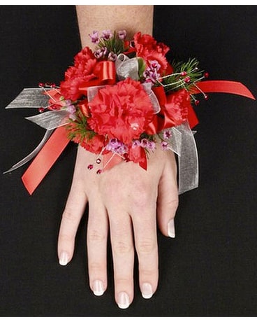 Crimson Carnation Wrist Corsage Flower Arrangement