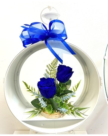 Round White Lantern - Blue Forever Roses Flower Arrangement
