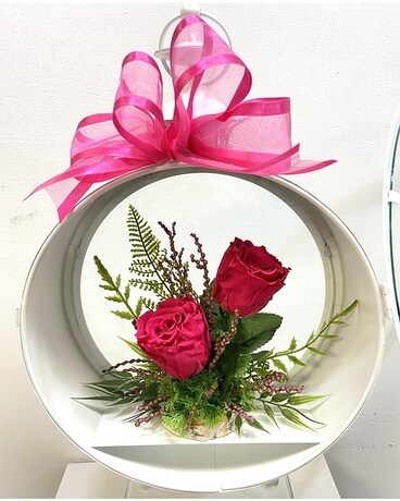 Round White Lantern - Hot Pink Forever Roses Flower Arrangement