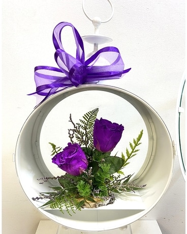 Round White Lantern- Dark Purple Forever Roses Flower Arrangement
