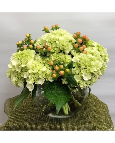 Berries and Hydrangea Bowl Flower Arrangement