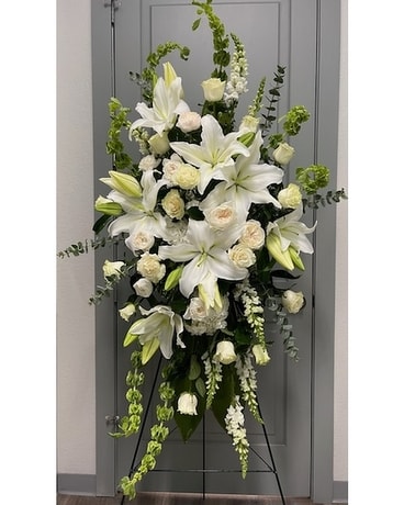 All White Standing Spray Sympathy Arrangement